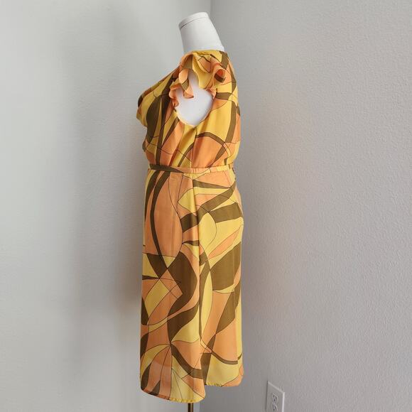 Vintage 70s Borrellini Abstract Cowl Neck Top and Skirt Set Yellow Orange M L - Picture 4 of 10